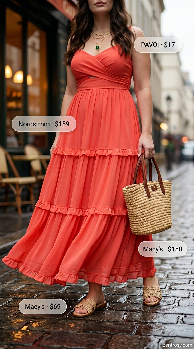 Cute rainy day summer outfits for women 2026: Coral maxi dress with raffia sandals and straw tote for a breezy day.