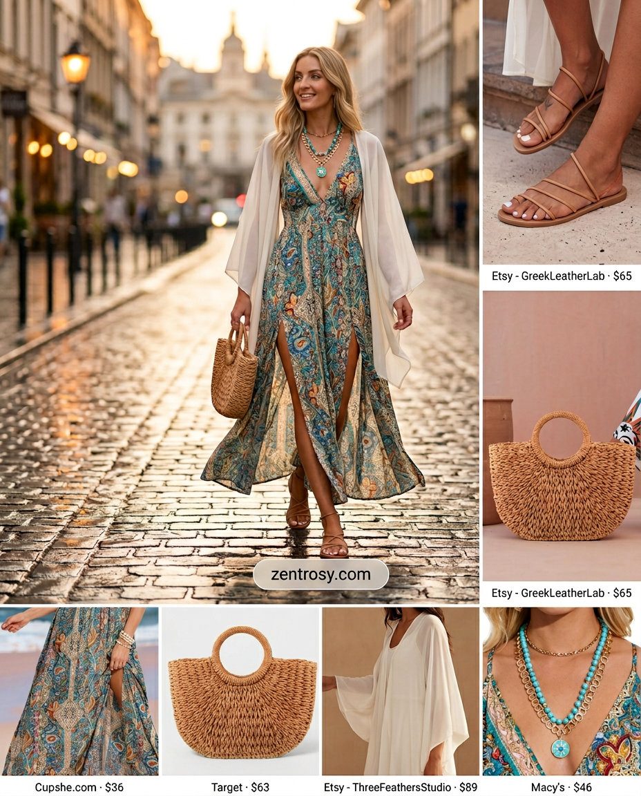 Cute rainy day summer outfit for women 2026: Teal maxi dress, cream kimono, tan sandals, and straw tote.