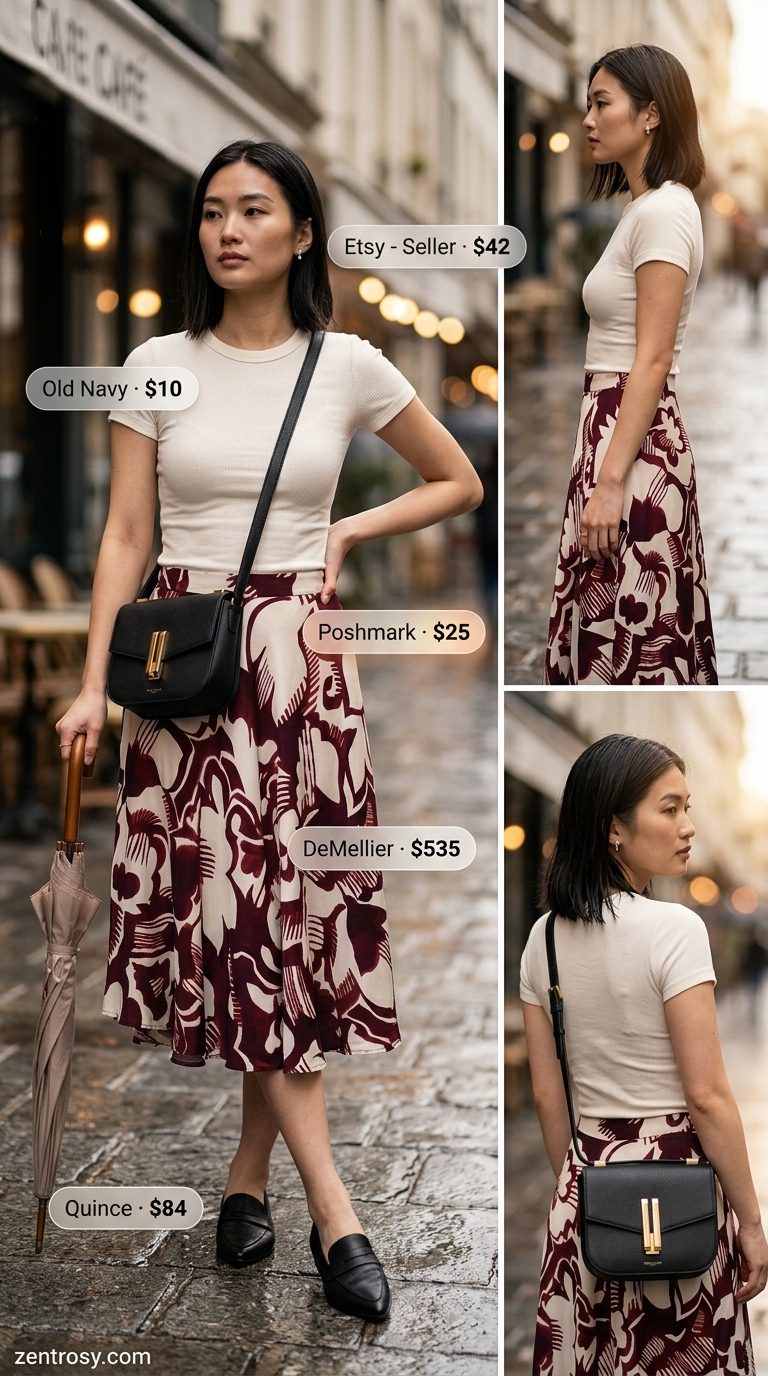 Cute rainy day summer outfit for women 2026: Burgundy midi skirt, cream knit top, black loafers, and shoulder bag.