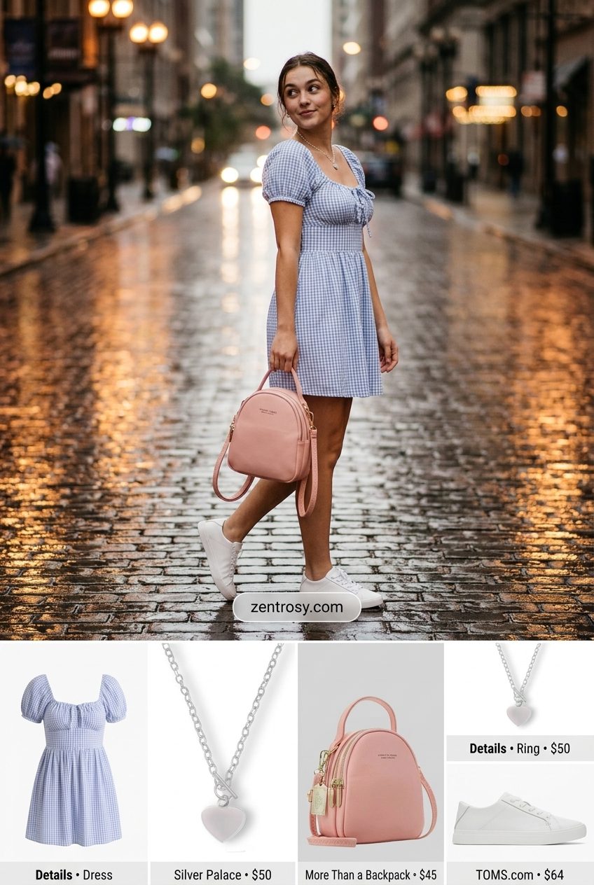 Cute rainy day summer outfit for women 2026: Light blue babydoll dress, white sneakers, and pink mini backpack.