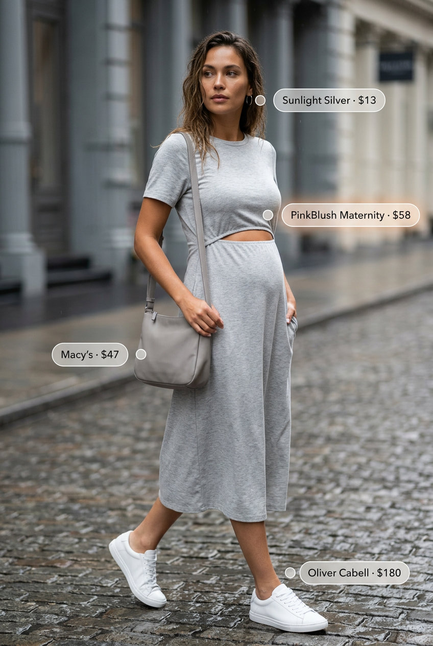 Cute rainy day summer outfits for women 2026: Grey t-shirt dress with white sneakers and crossbody bag for a minimalist look.