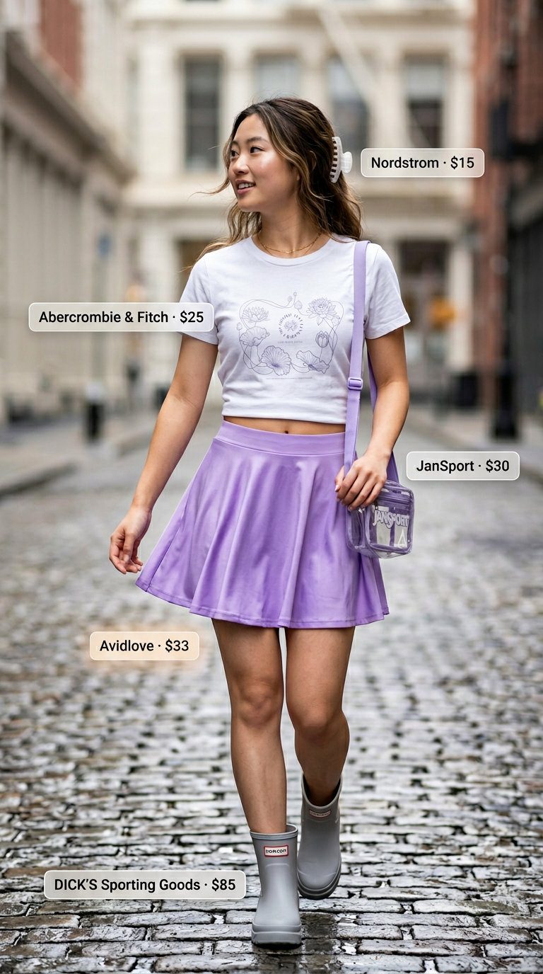 Cute rainy day summer outfit for women 2026: Lilac mini skirt, white graphic tee, grey rain boots, and crossbody bag.