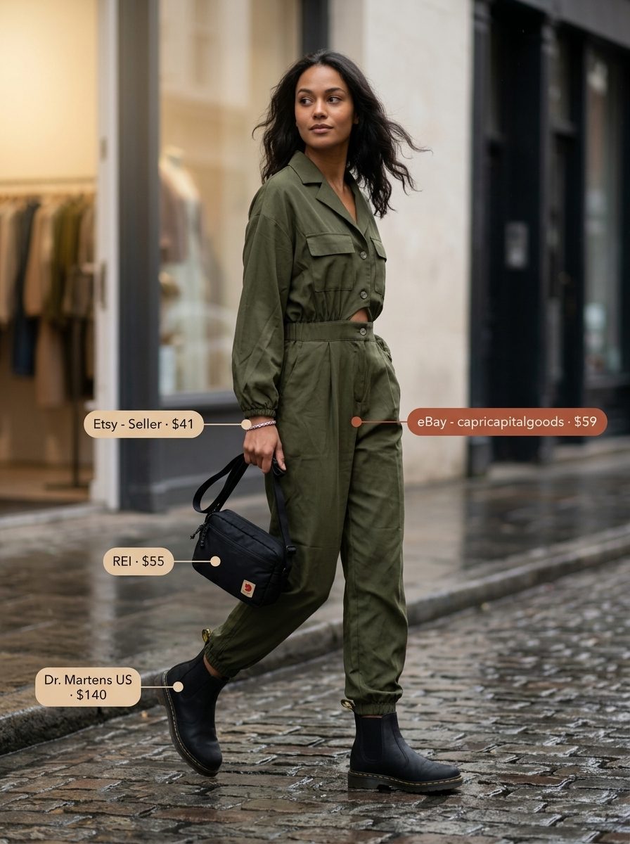 Cute rainy day summer outfits for women 2026: Olive utility jumpsuit with waterproof boots and crossbody bag for practical style.