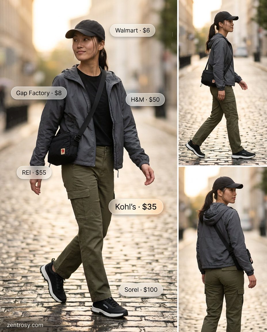 Cute rainy day summer outfits for women 2026: Olive cargo pants, grey windbreaker, outdoor sneakers, and crossbody bag for adventure.
