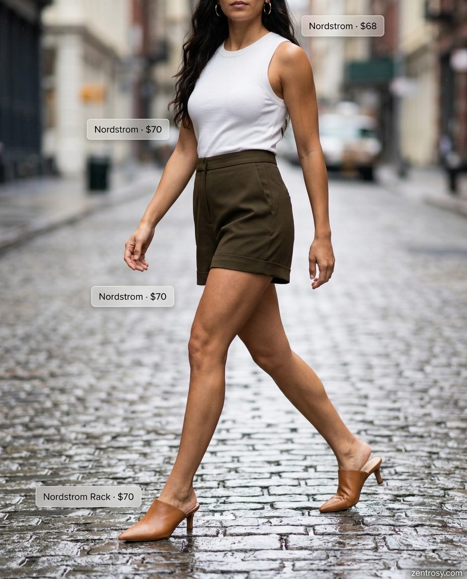 Cute rainy day summer outfit for women 2026: Olive green matching shorts set, mules, and crossbody bag for brunch.