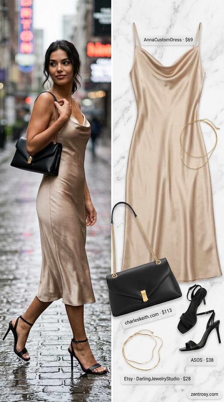 Cute rainy day summer outfit for women 2026: Champagne slip dress, black sandals, and black shoulder bag.