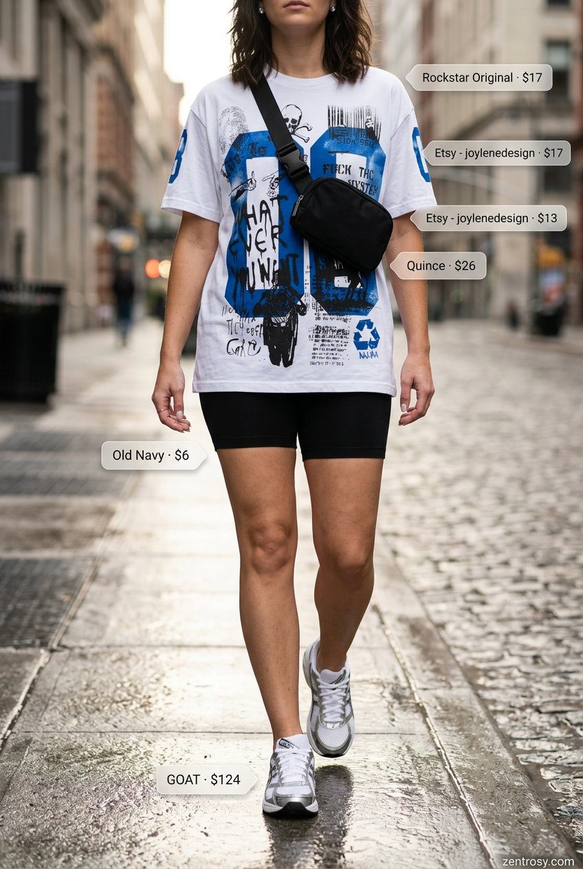 Cute rainy day summer outfits for women 2026: Sporty black biker shorts, pastel graphic tee, and athletic sneakers for errands.