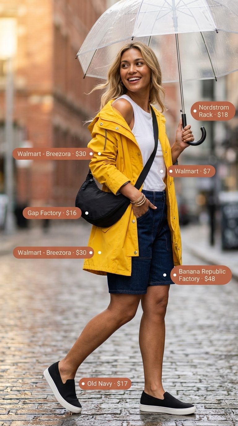Cute rainy day summer outfit for women 2026: Yellow trench coat, denim shorts, and sneakers for playful errands.