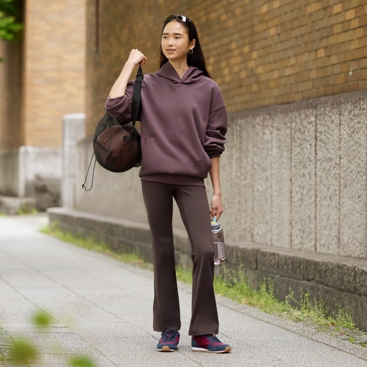 Purple Oversized Hoodie with Brown Flared Pants Purple Oversized Hoodie with Brown Flared Pants — Cute Running Outfits