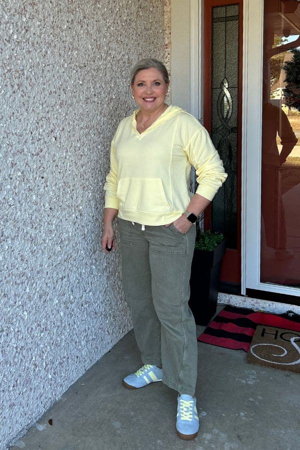 Pale Yellow Hoodie with Olive Green Pants Pale Yellow Hoodie with Olive Green Pants — Cute Running Outfits