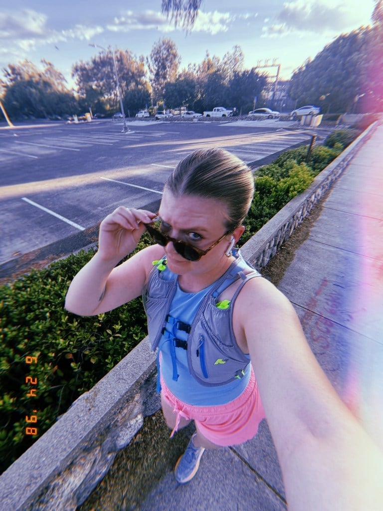 Grey Running Vest Over Blue T-Shirt and Pink Shorts Grey Running Vest Over Blue T-Shirt and Pink Shorts — Cute Running Outfits