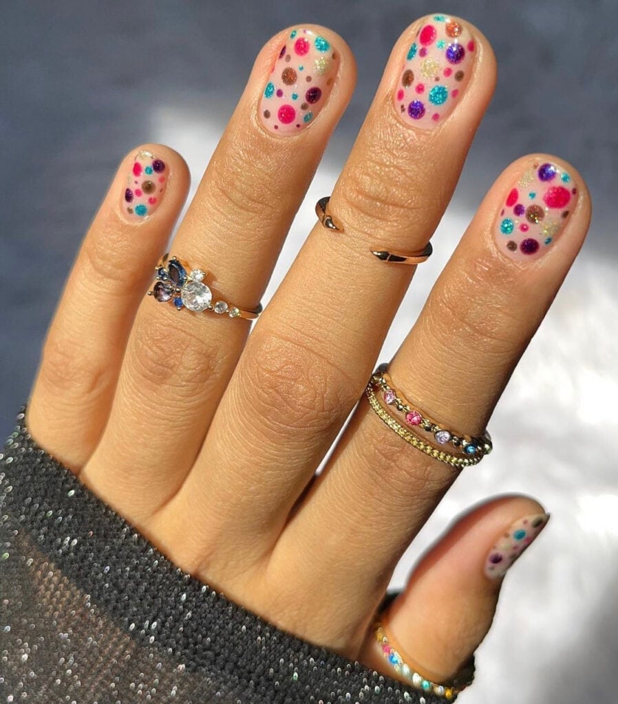 Short Oval Multicolored Polka Dot Nails With Clear Base — Cute Short Birthday Nails