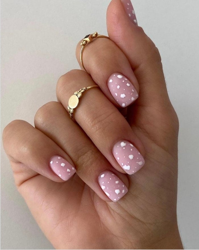 Short Square Matte White Polka Dot Nails, Close-Up Take — Cute Short Birthday Nails