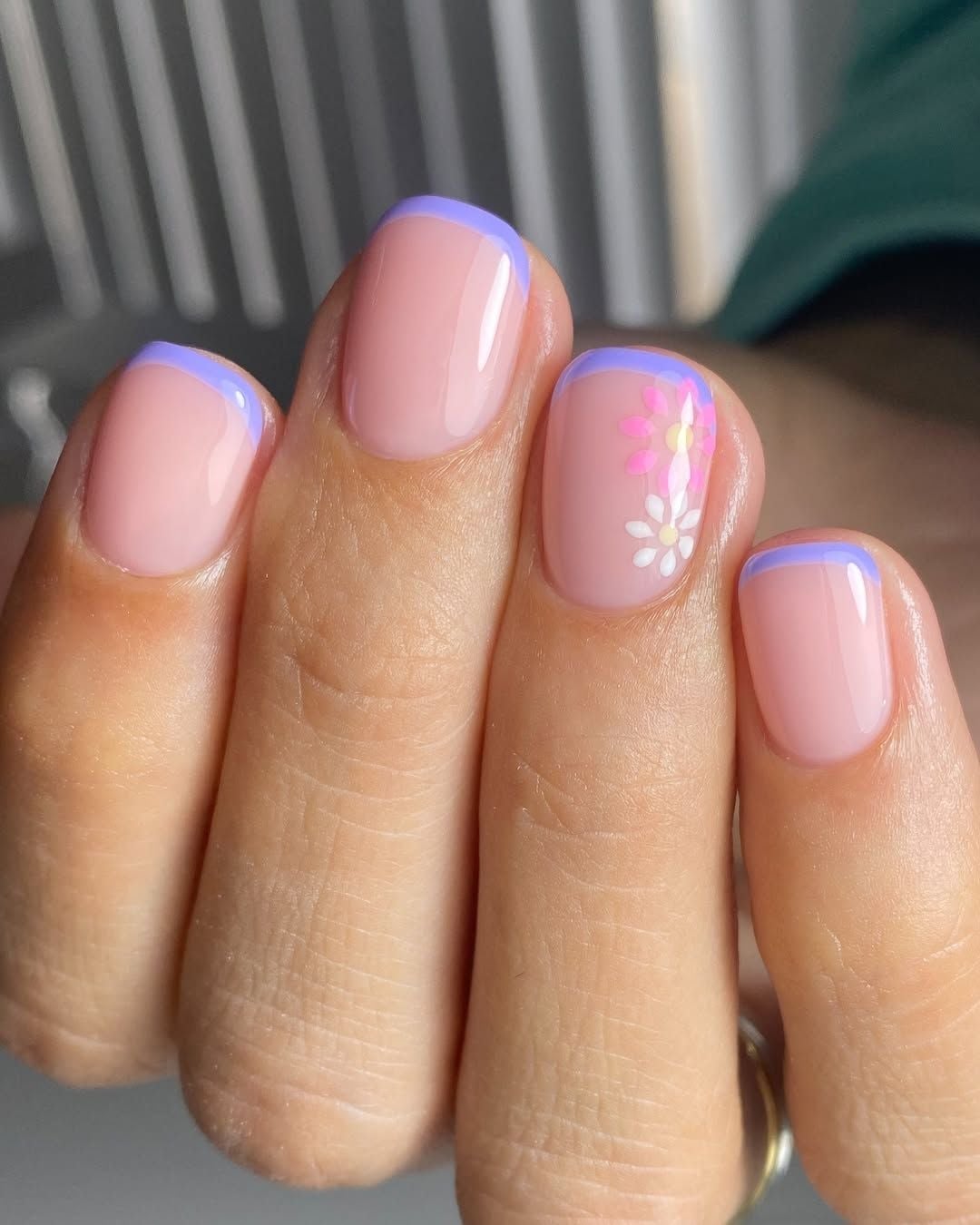 Short Square Pastel Purple French Tip Flower Nails — Cute Short Birthday Nails