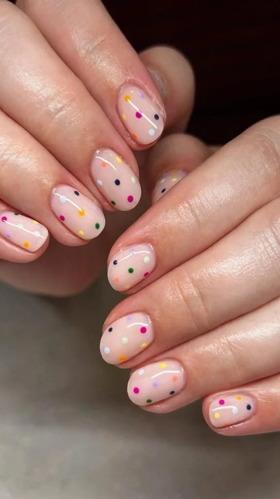 Short Oval Scattered Polka Dot Nails, Glossy — Cute Short Birthday Nails