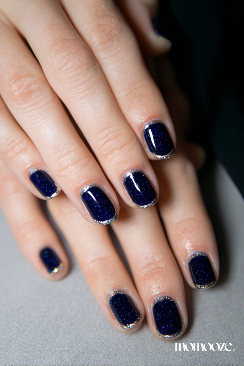 Short Square Dark Blue Glitter Silver Rim Nails — Cute Short Birthday Nails