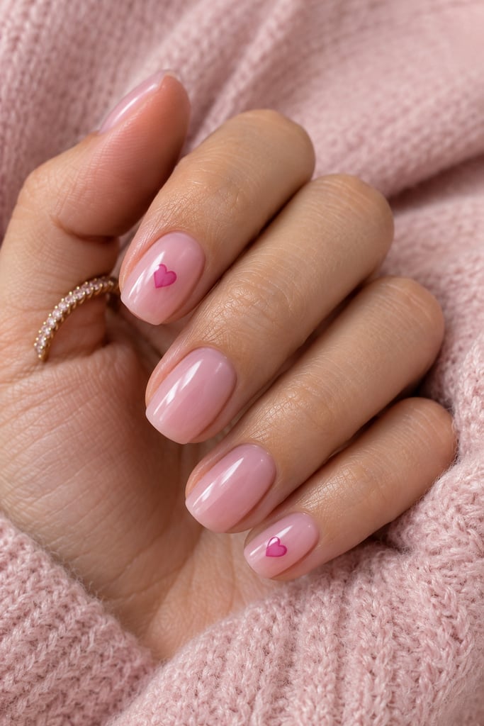 Short Oval Sheer Pink Heart Accent Nails — Cute Short Birthday Nails