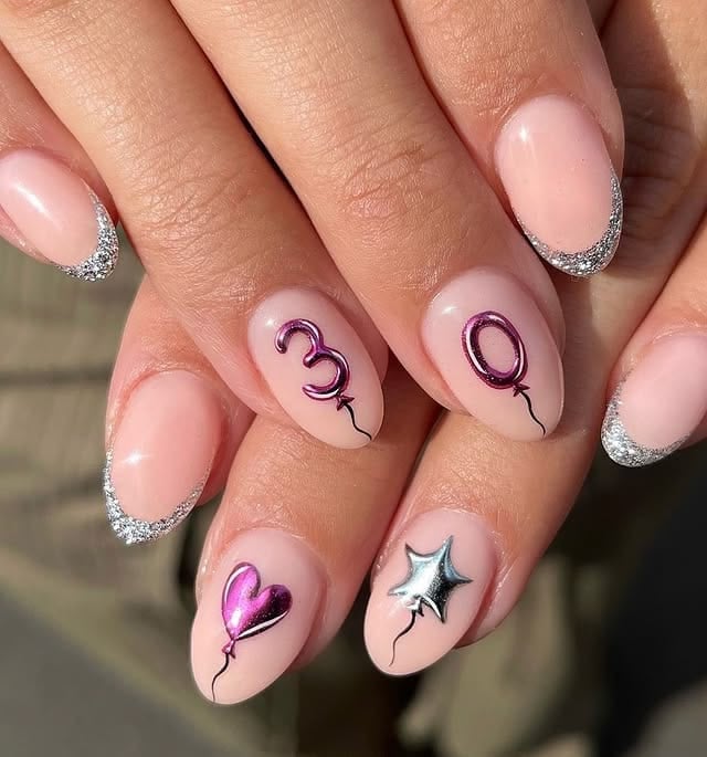Silver Glitter French Tip Almond Birthday Nails — Cute Short Birthday Nails