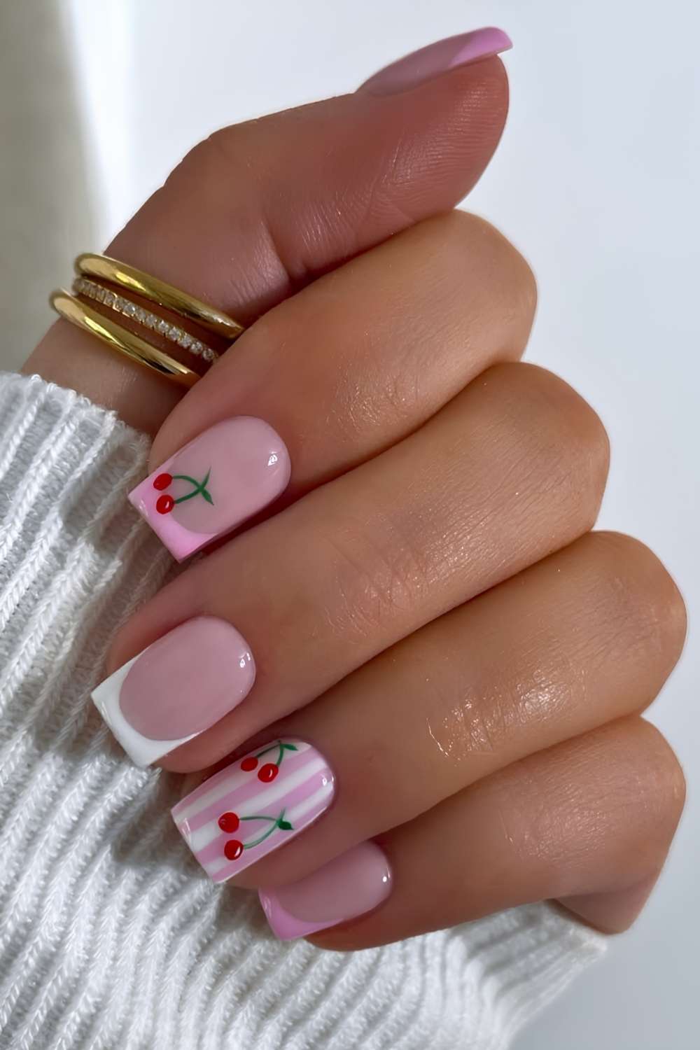 Pink White French Tip Cherry Nails — Cute Short Birthday Nails