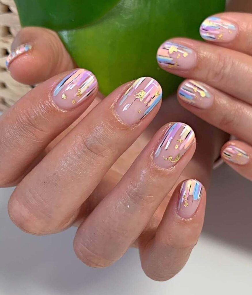 Sheer Nude Pastel Stripe Gold Foil Nails — Cute Short Birthday Nails