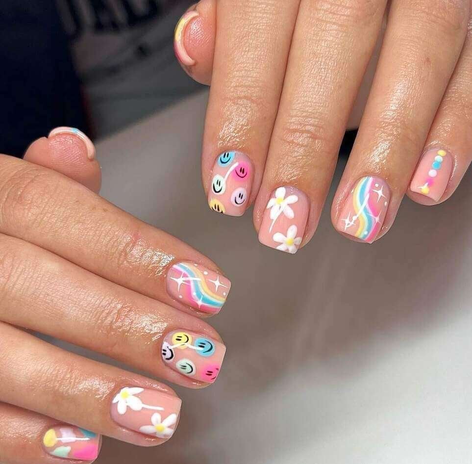 Short Square Smiling Face Flower Rainbow Nails — Cute Short Birthday Nails