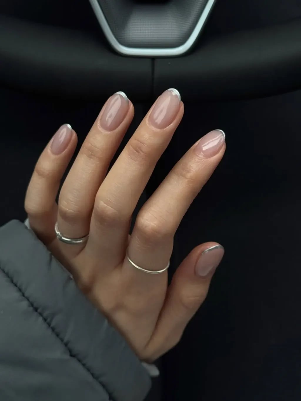 Sheer Pink With Silver French Tip Nails Sheer Pink With Silver French Tip Nails — Cute Short Round Nails
