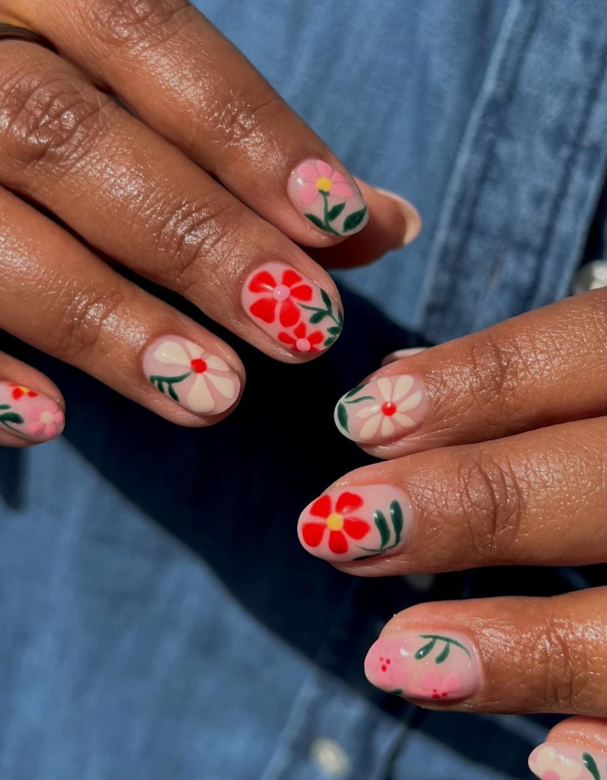 Floral Hand-Painted Short Round Nails Floral Hand-Painted Short Round Nails — Cute Short Round Nails