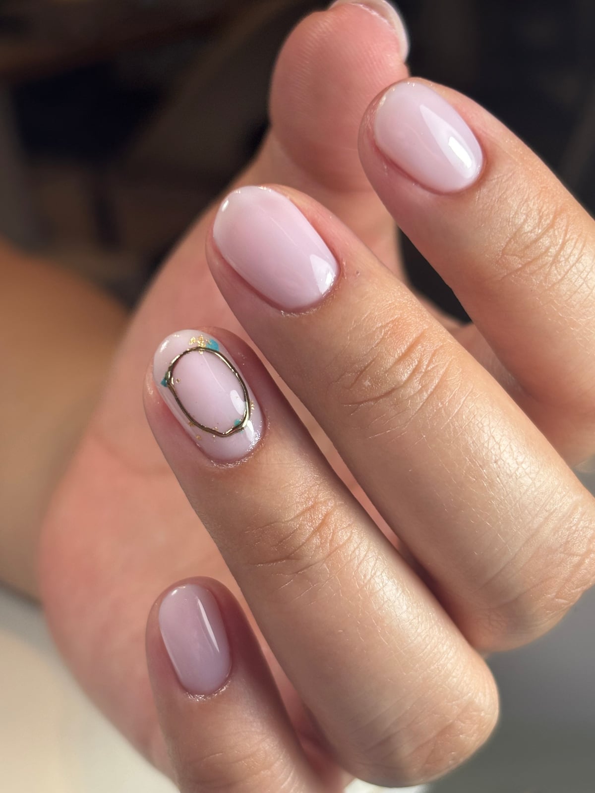Milky Pink With Gold Outline And Turquoise Accents Nails Milky Pink With Gold Outline And Turquoise Accents Nails — Cute Short Round Nails