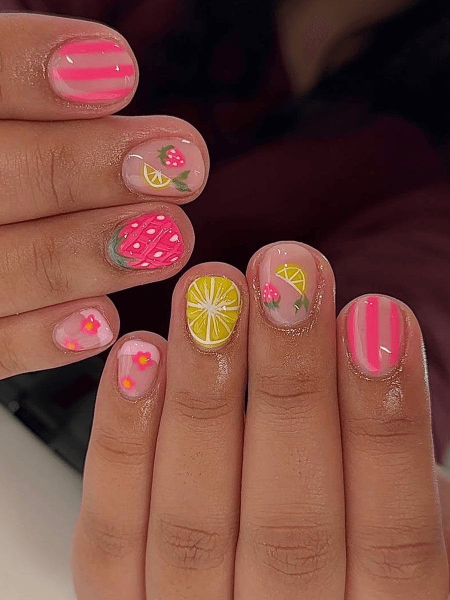 Summer Fruit Stripe Short Oval Nails Summer Fruit Stripe Short Oval Nails — Cute Short Round Nails