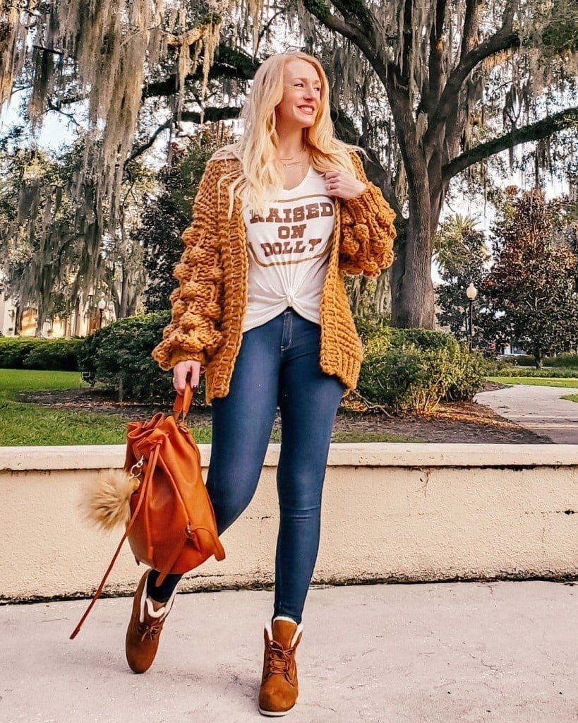 Mustard Cardigan Over Graphic Tee And Jeans Mustard Cardigan Over Graphic Tee And Jeans — Cute Simple Outfits