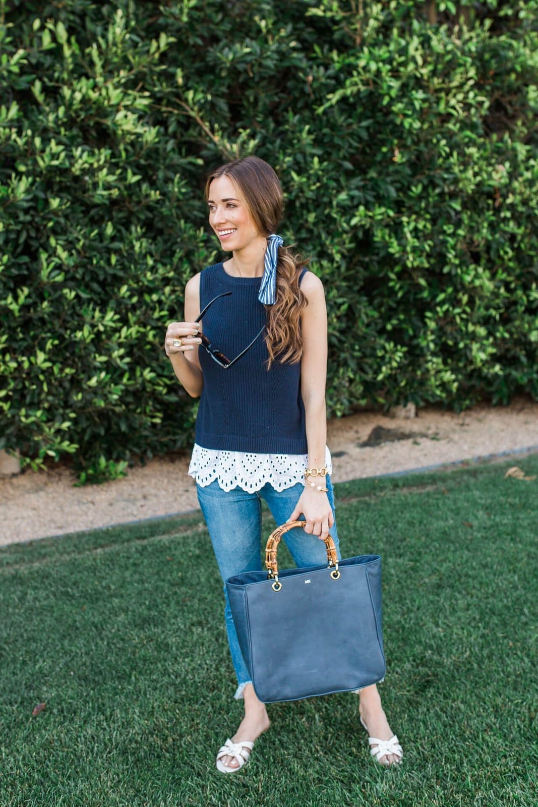 Navy Lace Trim Top With Straight Leg Jeans Navy Lace Trim Top With Straight Leg Jeans — Cute Simple Outfits