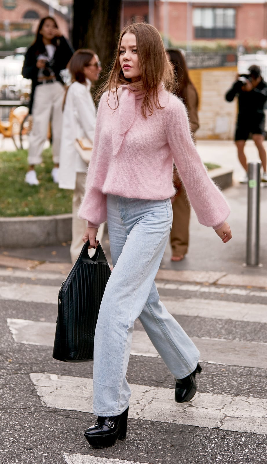 Pink Bell Sleeve Sweater With Wide Leg Jeans Pink Bell Sleeve Sweater With Wide Leg Jeans — Cute Simple Outfits