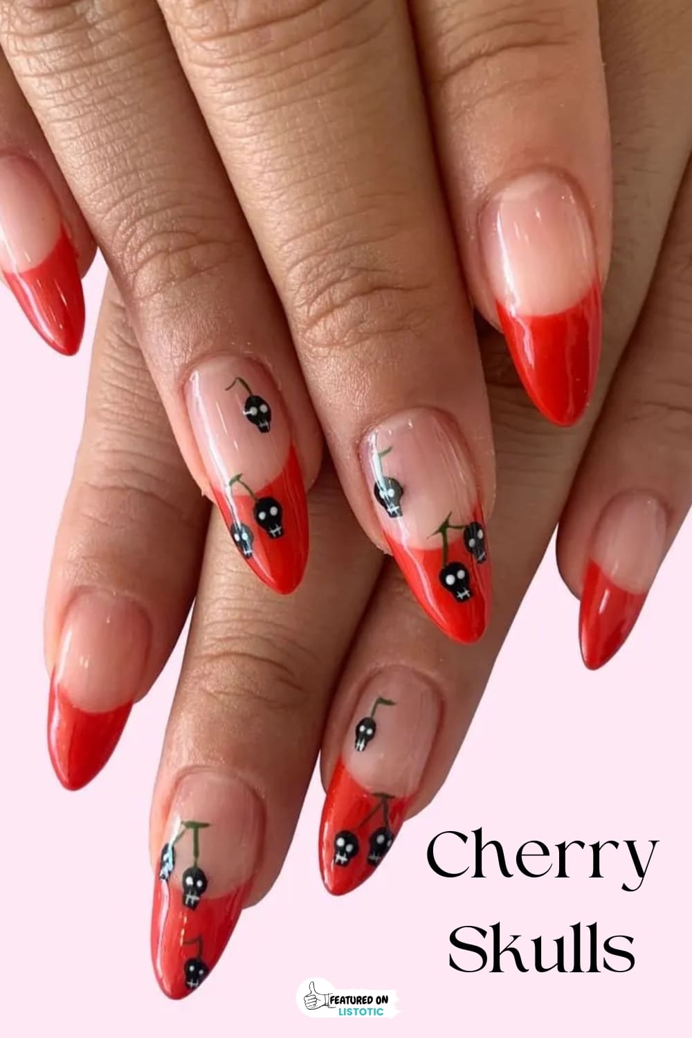 Glossy Red French Almond Nails With Skulls Glossy Red French Almond Nails With Skulls — Cute Skull Nails