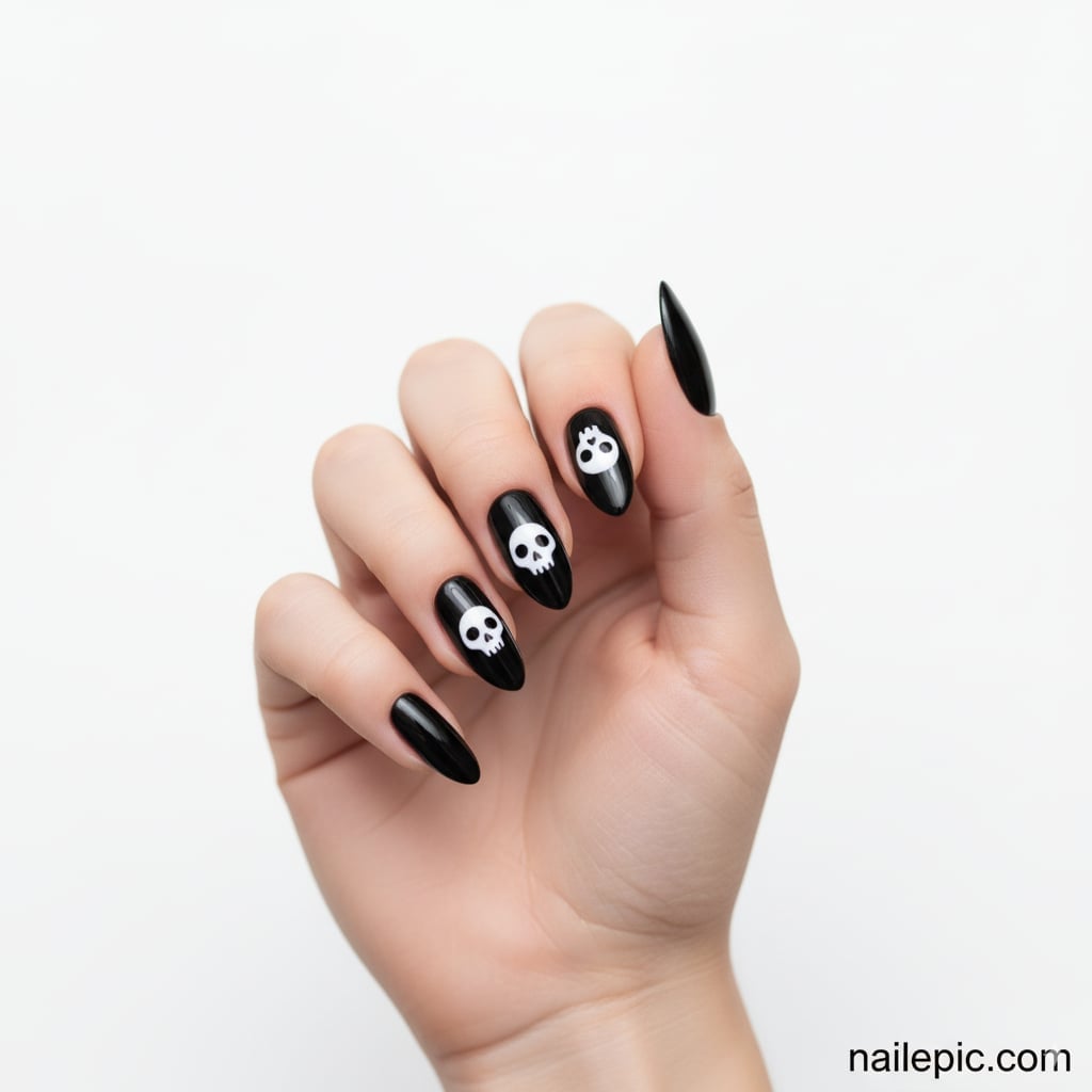 Medium Stiletto Black Nails With Skull Decals Medium Stiletto Black Nails With Skull Decals — Cute Skull Nails