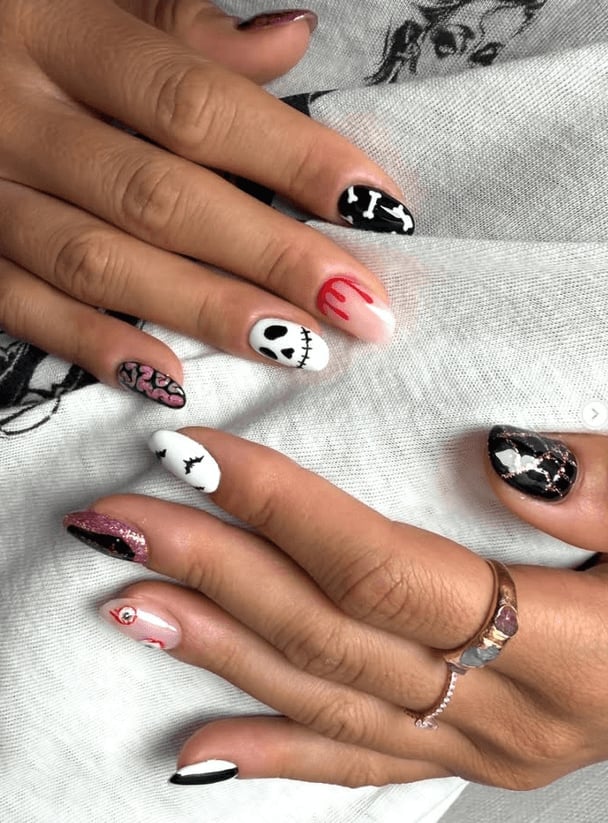 Short Oval Nails With Skull And Blood Drip Short Oval Nails With Skull And Blood Drip — Cute Skull Nails