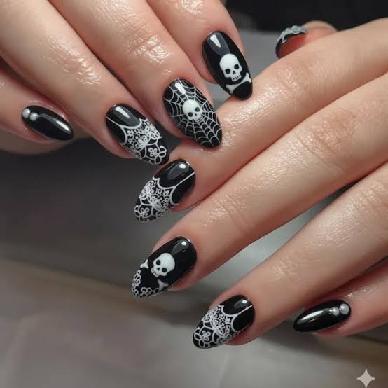 Medium Almond Black Nails With White Skulls And Webs Medium Almond Black Nails With White Skulls And Webs — Cute Skull Nails