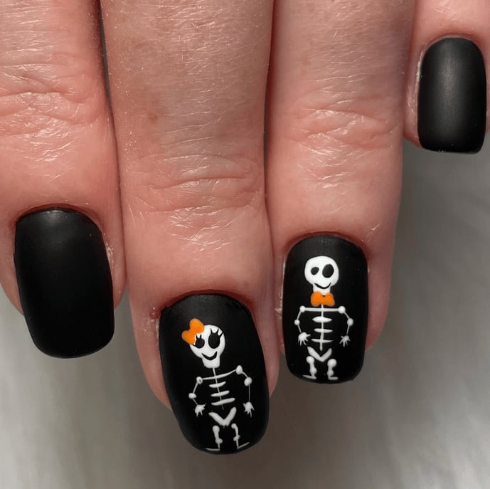 Short Square Matte Black Nails With Skeletons Short Square Matte Black Nails With Skeletons — Cute Skull Nails