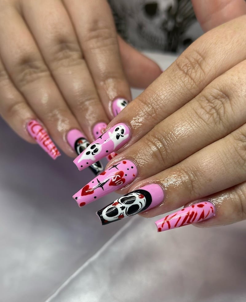 Long Pink Coffin Nails With Skull And Hearts Long Pink Coffin Nails With Skull And Hearts — Cute Skull Nails