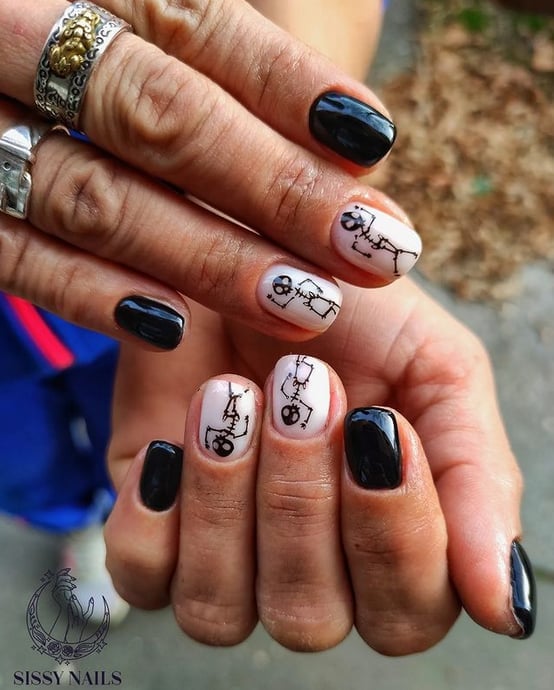 Short Square Black Nude Nails With Skeletons, Glossy Short Square Black Nude Nails With Skeletons, Glossy — Cute Skull Nails