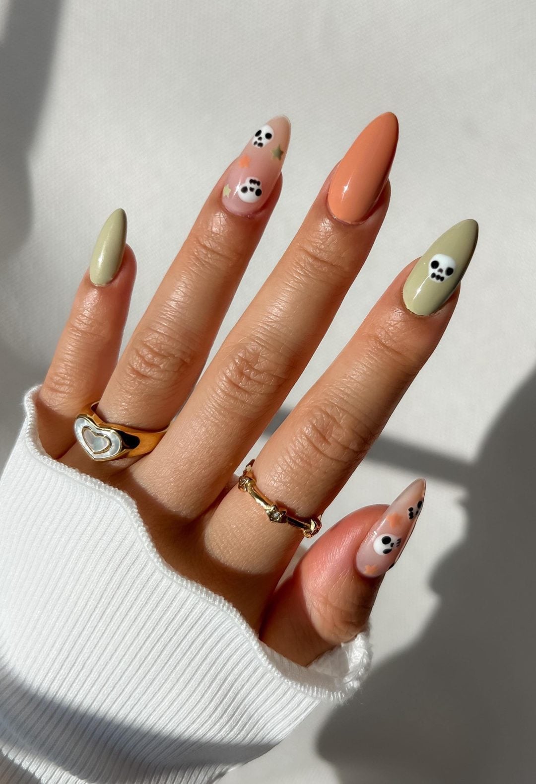 Peach Sage Green Almond Nails With Cute Skulls Peach Sage Green Almond Nails With Cute Skulls — Cute Skull Nails