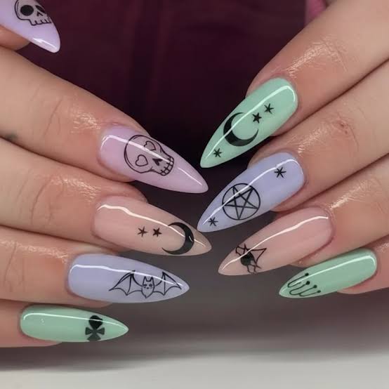 Short Almond Pastel Goth Nails With Line Art Short Almond Pastel Goth Nails With Line Art — Cute Skull Nails