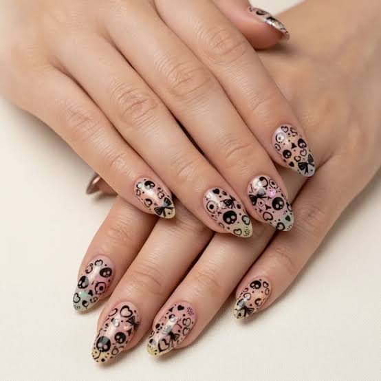 Sheer Iridescent Almond Nails With Pastel Skulls Sheer Iridescent Almond Nails With Pastel Skulls — Cute Skull Nails