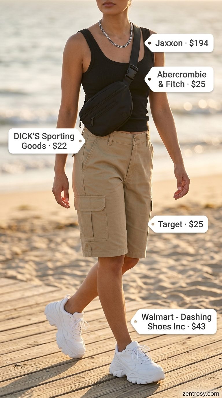 Cute summer beach outfit for women 2026: Khaki cargo shorts, black tank, chunky sneakers, and belt bag.