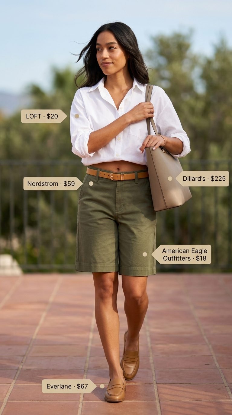 Cute summer beach outfit for women 2026: Olive green tailored shorts, white oversized shirt, loafers, and structured tote.