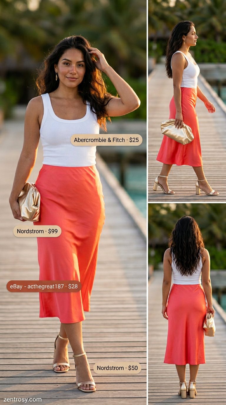 Cute summer beach outfit for women 2026: Coral satin slip skirt, white tank, gold sandals & clutch for date night.