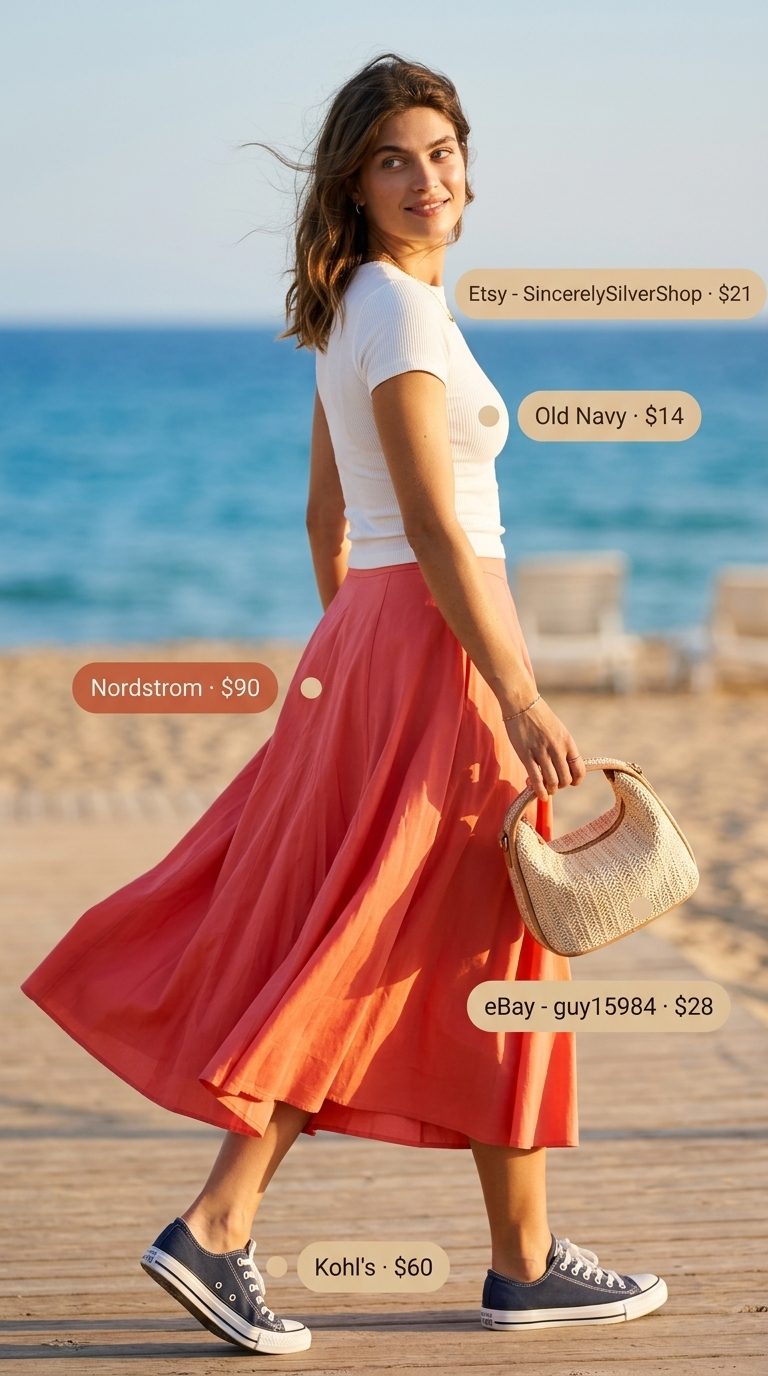 Cute summer beach outfit for women 2026: Coral midi skirt, white tee, sneakers, straw bag for picnic.