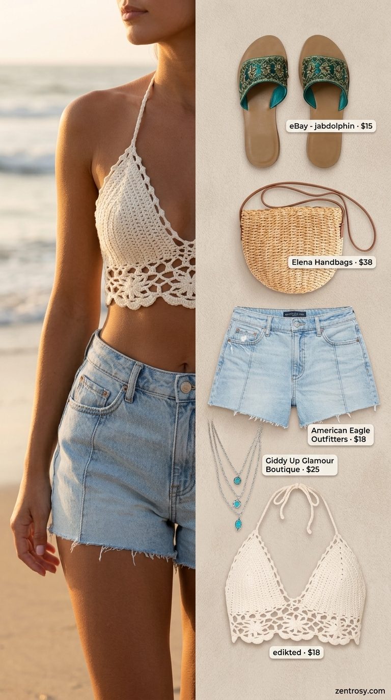 Cute summer beach outfit for women 2026: Crochet halter top, denim shorts, straw bag, layered necklaces.
