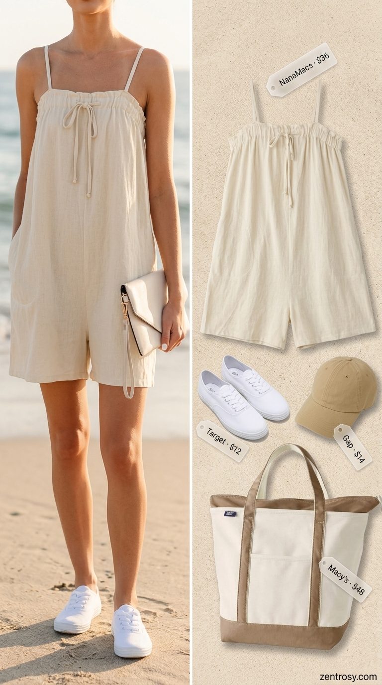 Cute summer beach outfit for women 2026: Beige linen romper, white sneakers, cap, tote for casual day.