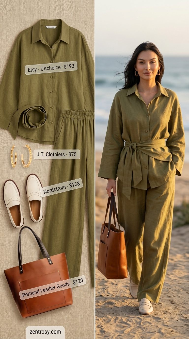 Cute summer beach outfit for women 2026: Olive linen set, cream loafers, gold hoops, leather tote for travel.