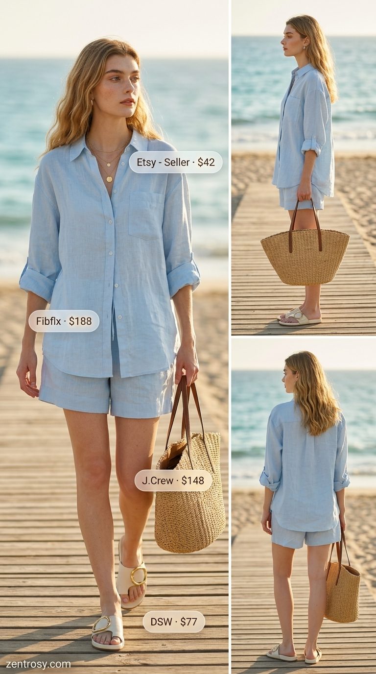 Cute summer beach outfit for women 2026: Sky blue linen shorts set, white sandals, straw tote, and layered necklaces.